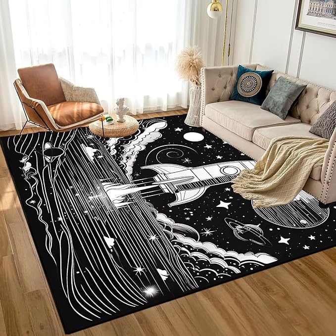 Space Rug for Kids Room Black and White Rocket Rugs Stars Carpet Galaxy Planet Printed Throw Rugs for Boys Children Bedroom Living Room,39 in x 79 in