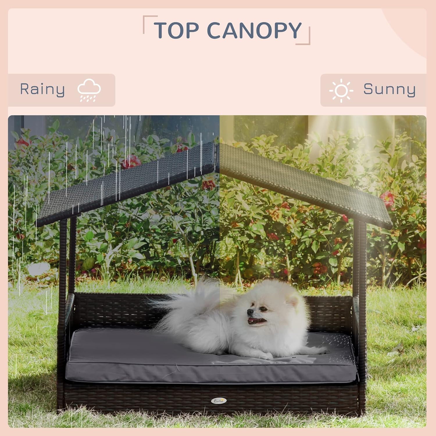 PawHut Wicker Dog House Outdoor with Canopy, Rattan Dog Bed with Water-Resistant Cushion, Raised Dog Bed for Small, Medium Dogs up to 66 lbs, 19.75" in Length, Brown Wicker, Gray Cushion