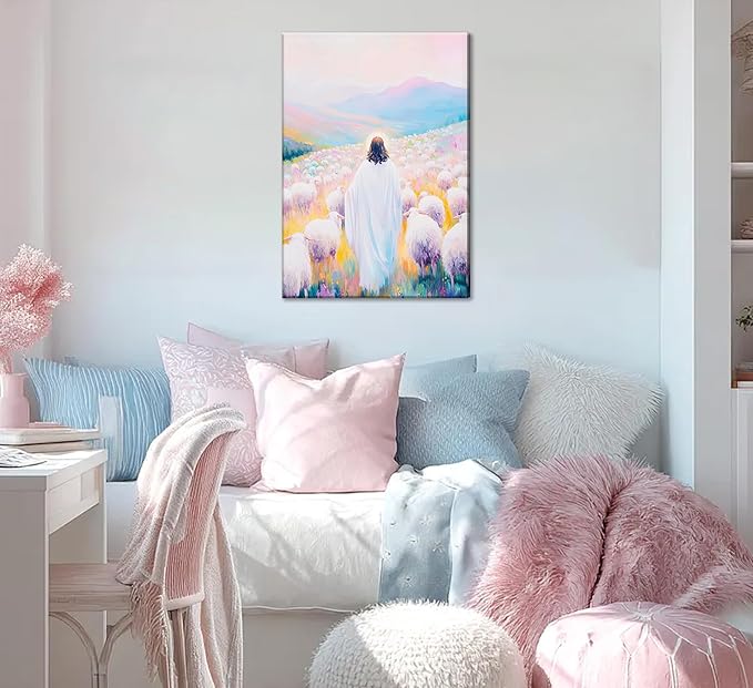 Pink Jesus Canvas Wall Art Christian Jesus And Lamb Shepherd Bible Stories Painting Picture Religious Beliefs Poster Print Artwork for Living Room Bedroom Church Home Decoration