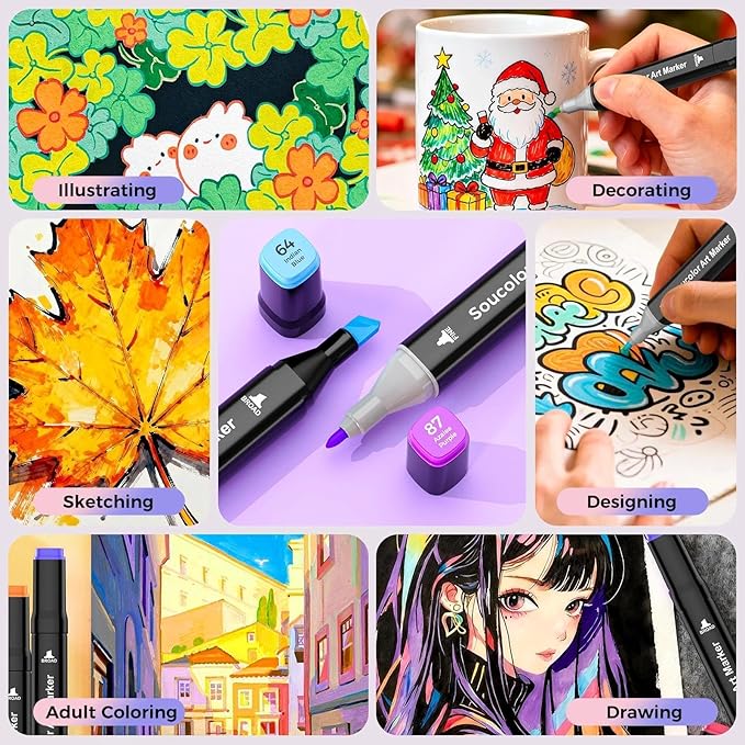 Soucolor Alcohol Markers 60 Colors with Case, Dual Tips Chisel & Fine Art Markers for Adult Coloring Kids Drawing, Artist Markers Art Supplies for Blending Sketching