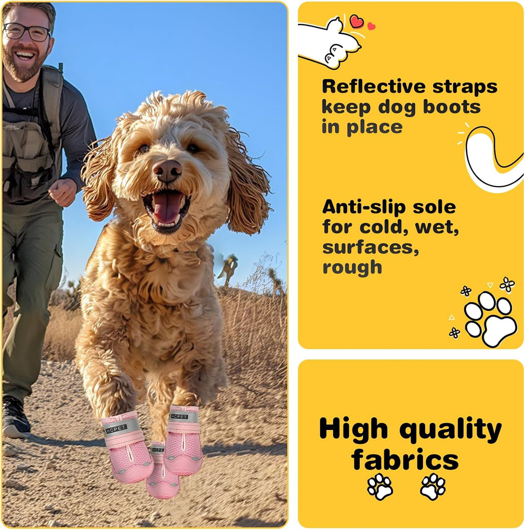 Hcpet Dog Shoes for Large Dogs, Breathable Dog Booties for Small Medium Dogs, Anti-Slip Dog Boots & Paw Protectors for Hot Pavement Winter Snow Hiking with Reflective Straps Pink Size 8