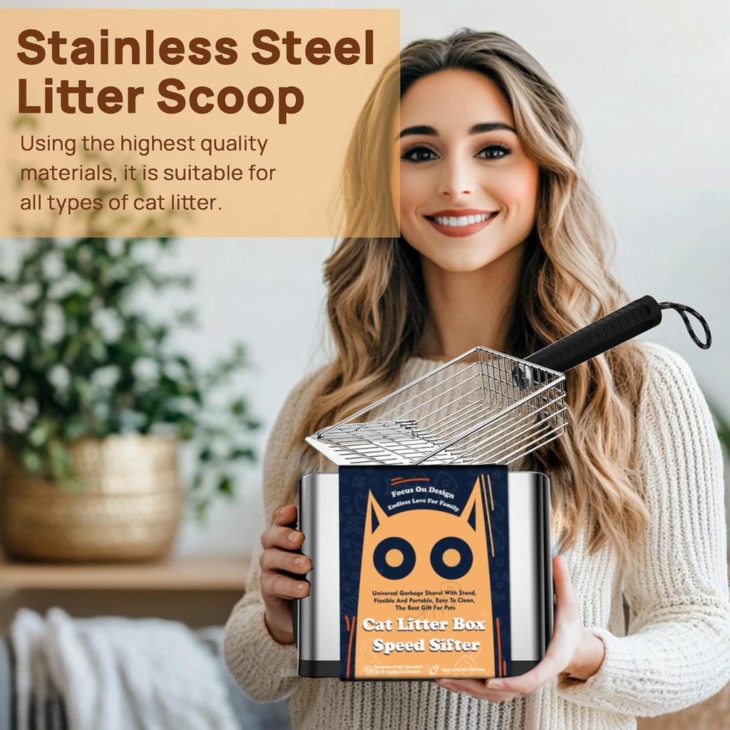 Heavy Duty Stainless Steel Cat Litter Scoop with Holder - Non-Slip Handle, Quick-Sifting Grid & Easy to Clean