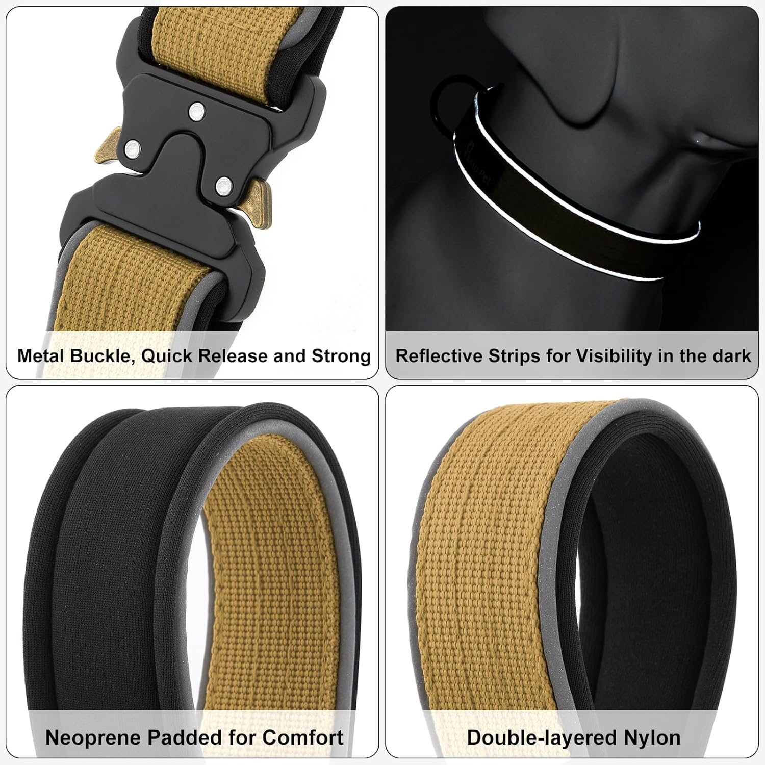 Plutus Pet Tactical Dog Collar, Reflective, Adjustable Heavy Duty Dog Collar, Soft Padded and Comfortable, for Small Medium and Large Dogs (Brown, S)