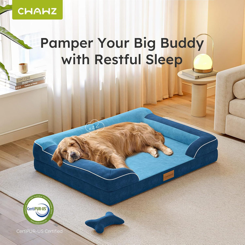 XXL Dog Bed for Extra Large Dogs, Giant Orthopedic Dog Bed with Cooling Gel Memory Foam, Waterproof Pet Bed with Removable Washable Cover, 53" Pet Sofa Bed Dutch Velvet with Bone Toy, Navy Blue