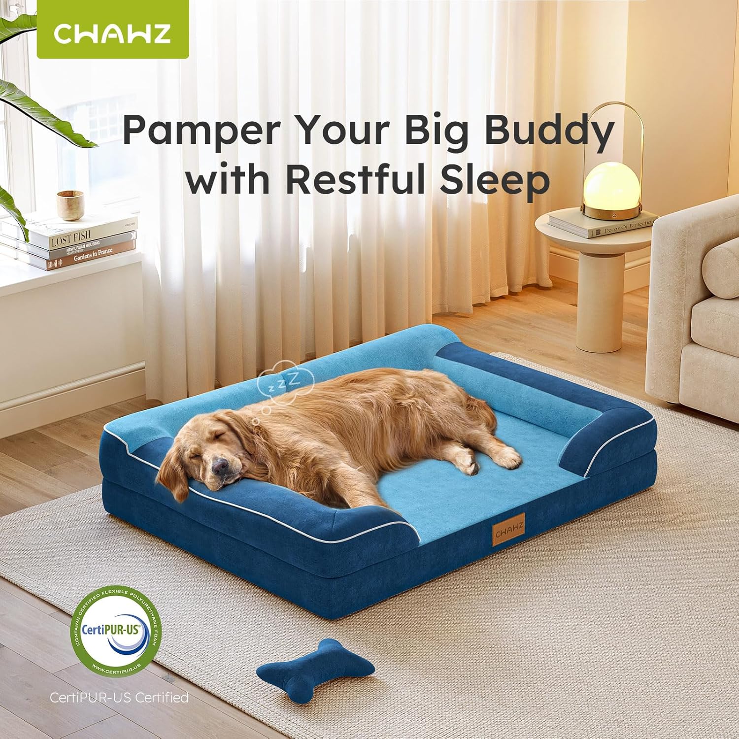 XXL Dog Bed for Extra Large Dogs, Giant Orthopedic Dog Bed with Cooling Gel Memory Foam, Waterproof Pet Bed with Removable Washable Cover, 53" Pet Sofa Bed Dutch Velvet with Bone Toy, Navy Blue