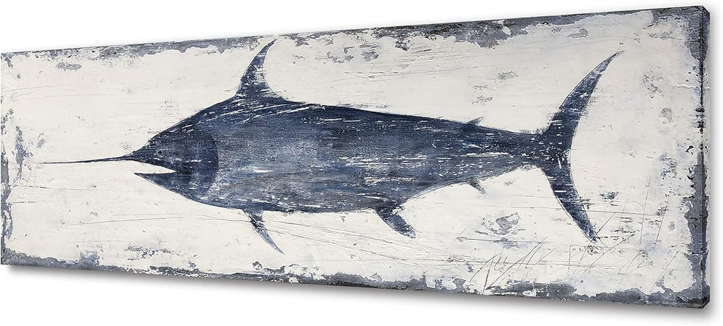 Yihui Arts Indigo Blue Swordfish Canvas Wall Art Painting Pictures for Living Room Bedroom Bathroom Decor