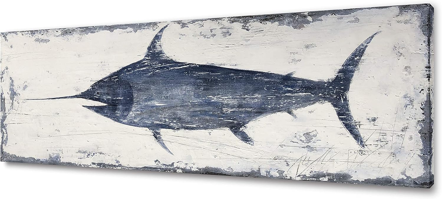 Yihui Arts Indigo Blue Swordfish Canvas Wall Art Painting Pictures for Living Room Bedroom Bathroom Decor