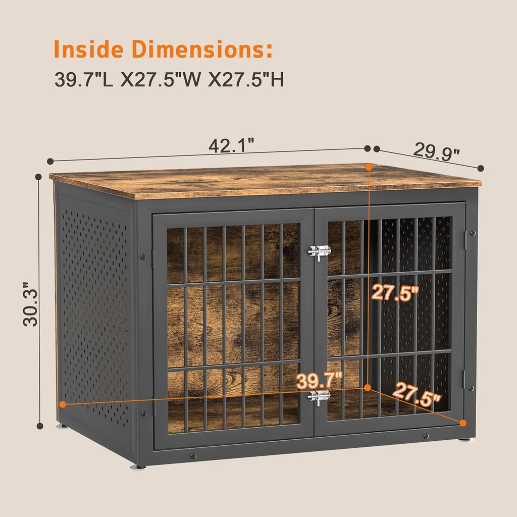 42" Heavy Duty Dog Crate Furniture for Large and Medium Dogs, Enclosed Design Wooden Metal Kennel, Wooden Cage Furniture Indoor, Decorative Dog Kennel End Table