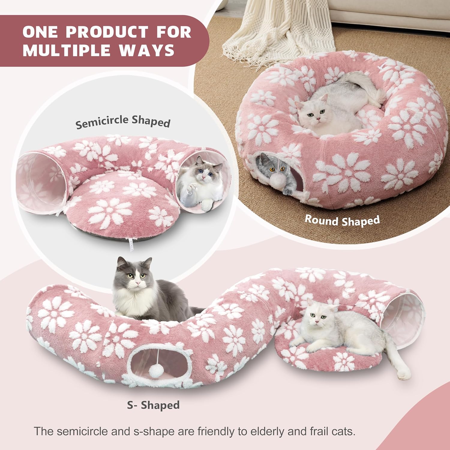 Cat Tunnel for Indoor Cats, Cute Peekaboo Cat Cave with Dangling Balls, Pet Donut Tunnel Bed with Circle Mat for Puppy Kitten Rabbit, Pink