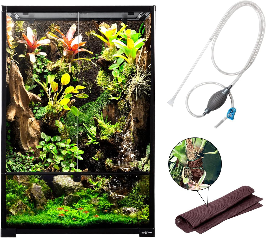 REPTIZOO 67 Gallon Large Reptile Terrarium 24"x18"x 36" Glass Paludarium Tank, Tall Reptile Enclosure Habitat with 10” Deep Base, Siphon Gravel Cleaner Set and Plants Growing Cotton Mat Included
