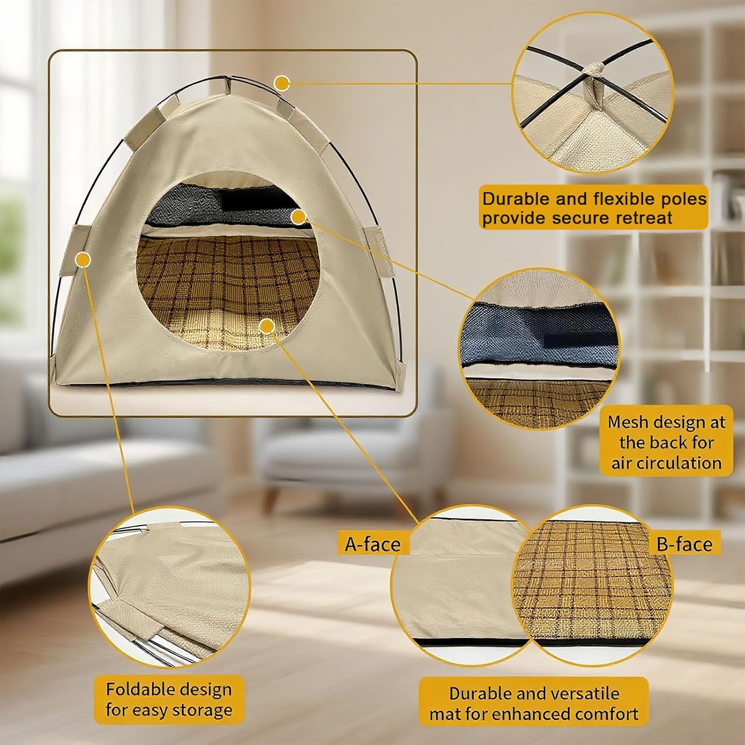 BreezyDen Pop-Up Pet Tent – Portable Hideaway for Cats & Small Dogs, Portable Indoor/Outdoor Pet Tent House with Mesh Window, Waterproof, Breathable, Scratch-Resistant, Fully Washable (Brown,M)