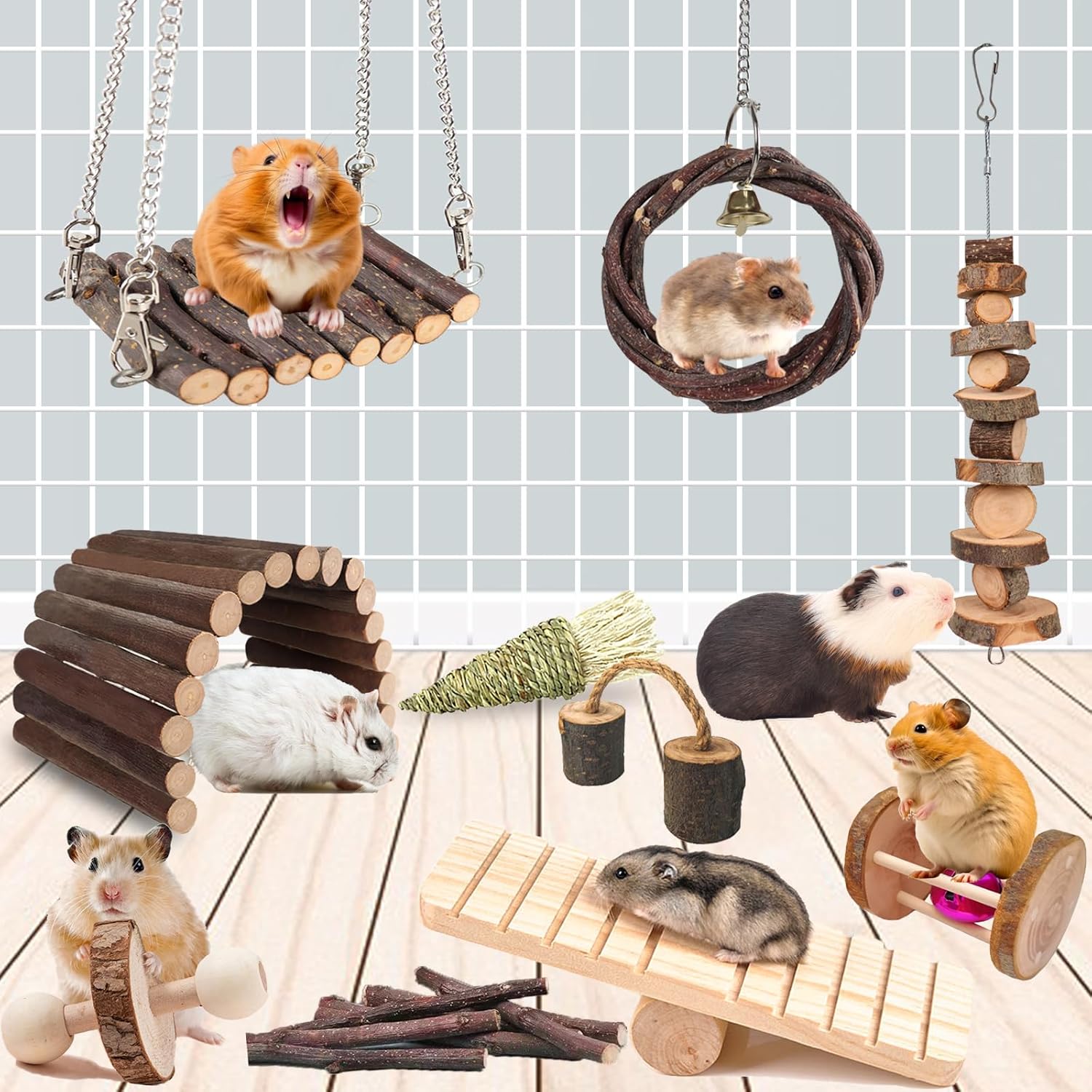 Grddaef Hamster Toys, Guinea Pig Chew Toys Rabbit Enrichment Cage Accessories Toys for Chinchilla Gerbils Rats Bunny Squirrels