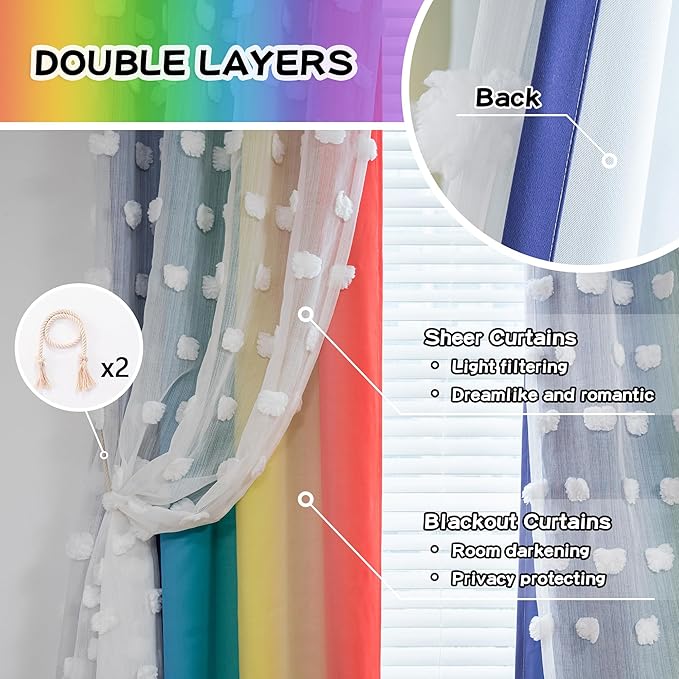MYSKY HOME Rainbow Curtains for Boys Bedroom Kids Curtains 54 Inches Length White Pom Pom Sheer Small Window Curtains Nursery 2 Panels Double Layer Curtains Grommet Room Darkening Curtains, W52 X L54