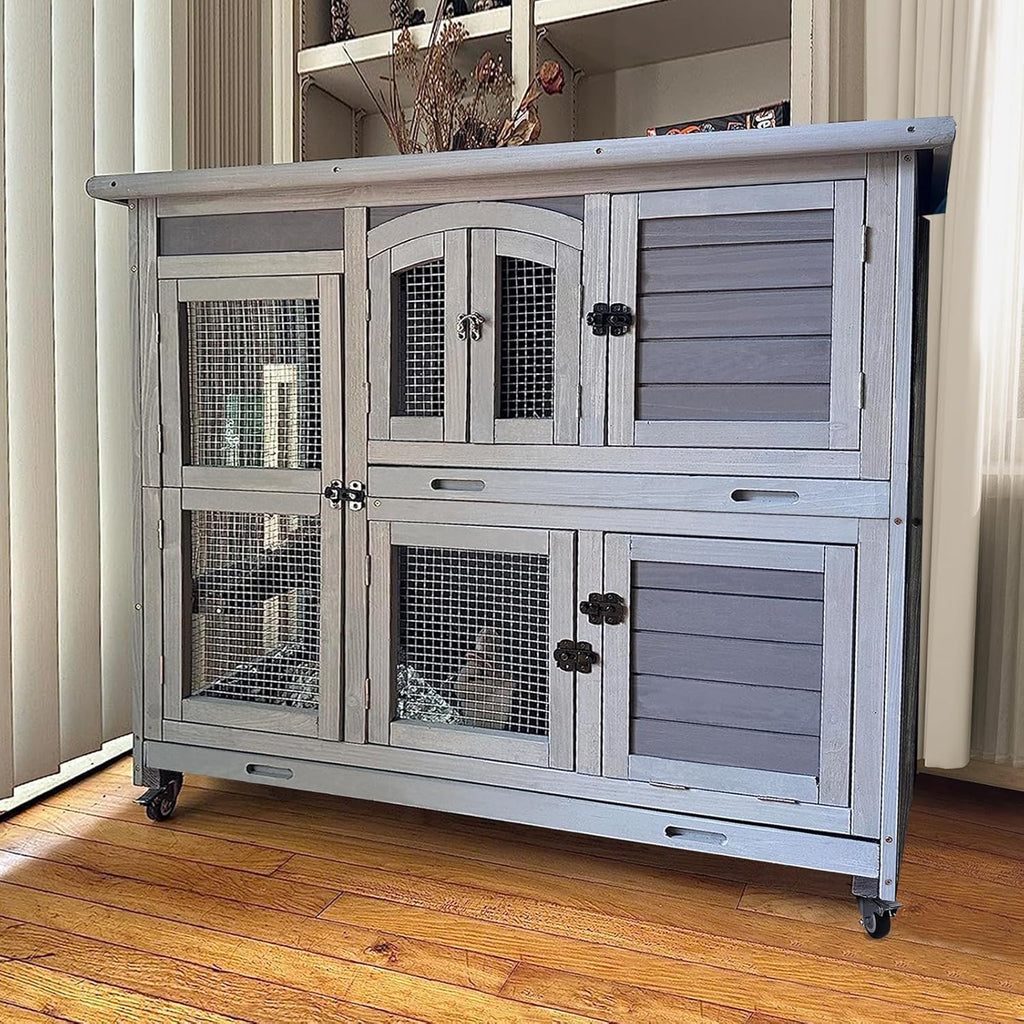GUTINNEEN Rabbit Hutch Indoor Outdoor Bunny House Guinea Pig Cage on Wheel with Plastic Tray 47inch
