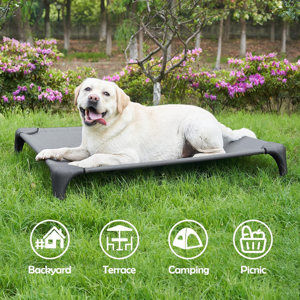 Outdoor Elevated Bed for Large Medium Dogs, Easy to Assemble With Portable Bag, Raised Cot With Pet-Friendly Feet, Breathable Mesh for Camping or Travel, Dark Grey