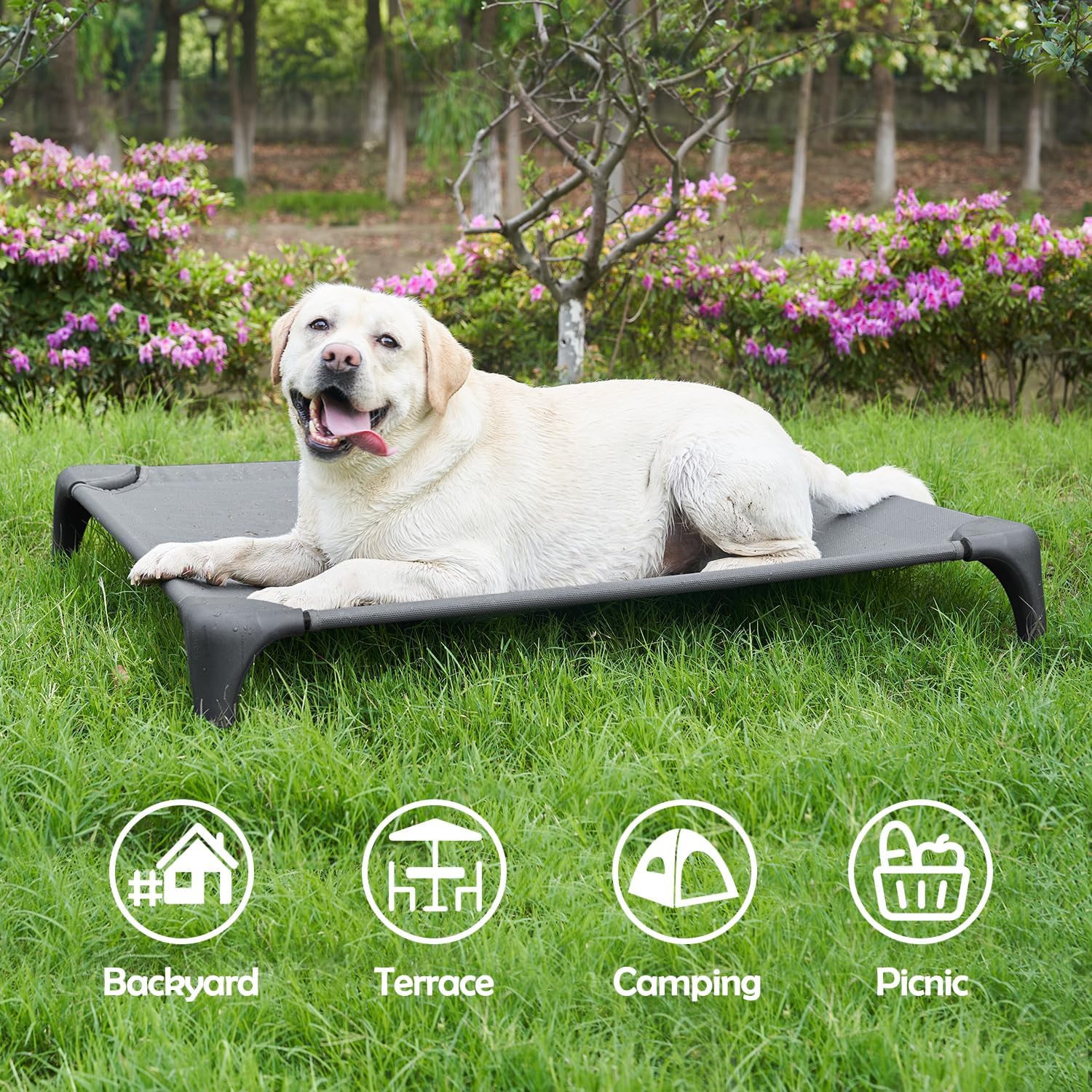 Outdoor Elevated Bed for Large Medium Dogs, Easy to Assemble With Portable Bag, Raised Cot With Pet-Friendly Feet, Breathable Mesh for Camping or Travel, Dark Grey