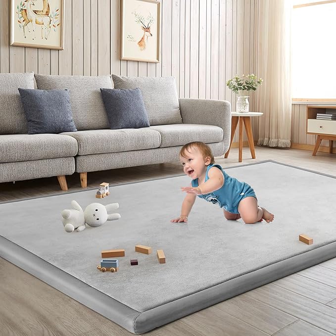 Baby Play Mat for Floor Tummy Time Mat Nursery Muscle Area Rug Playroom Rug Tatami 65"*50" Memory Foam 1.3" Thick Crawling For Babies,Toddlers, Infants, Kids,Floor(Light Gray)