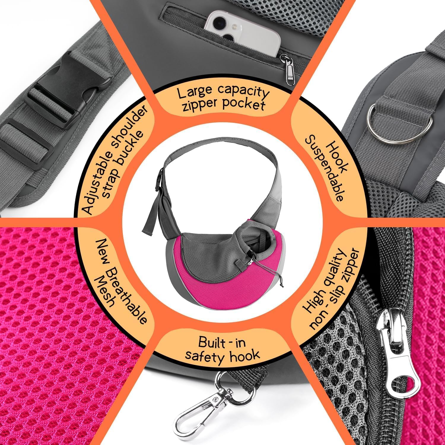 YUDODO Pet Sling Carrier for Small Dogs & Cats – Hands-Free Puppy Carrier with Safety Hook, Large Zipper Pocket, Soft Breathable Mesh, Adjustable Strap & Reflective Strip (Pink 1.0 M)