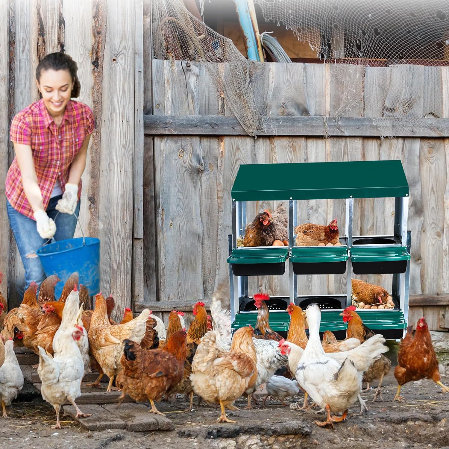 Nesting Boxes for Chickens, Chickens Laying Boxes for Chicken Coop with Legs, 6 Compartments Chicken Nesting Boxes, with Removable Tray, Easy Cleaning, for Hens Outdoor Chicken Coop Farm Yard, Green