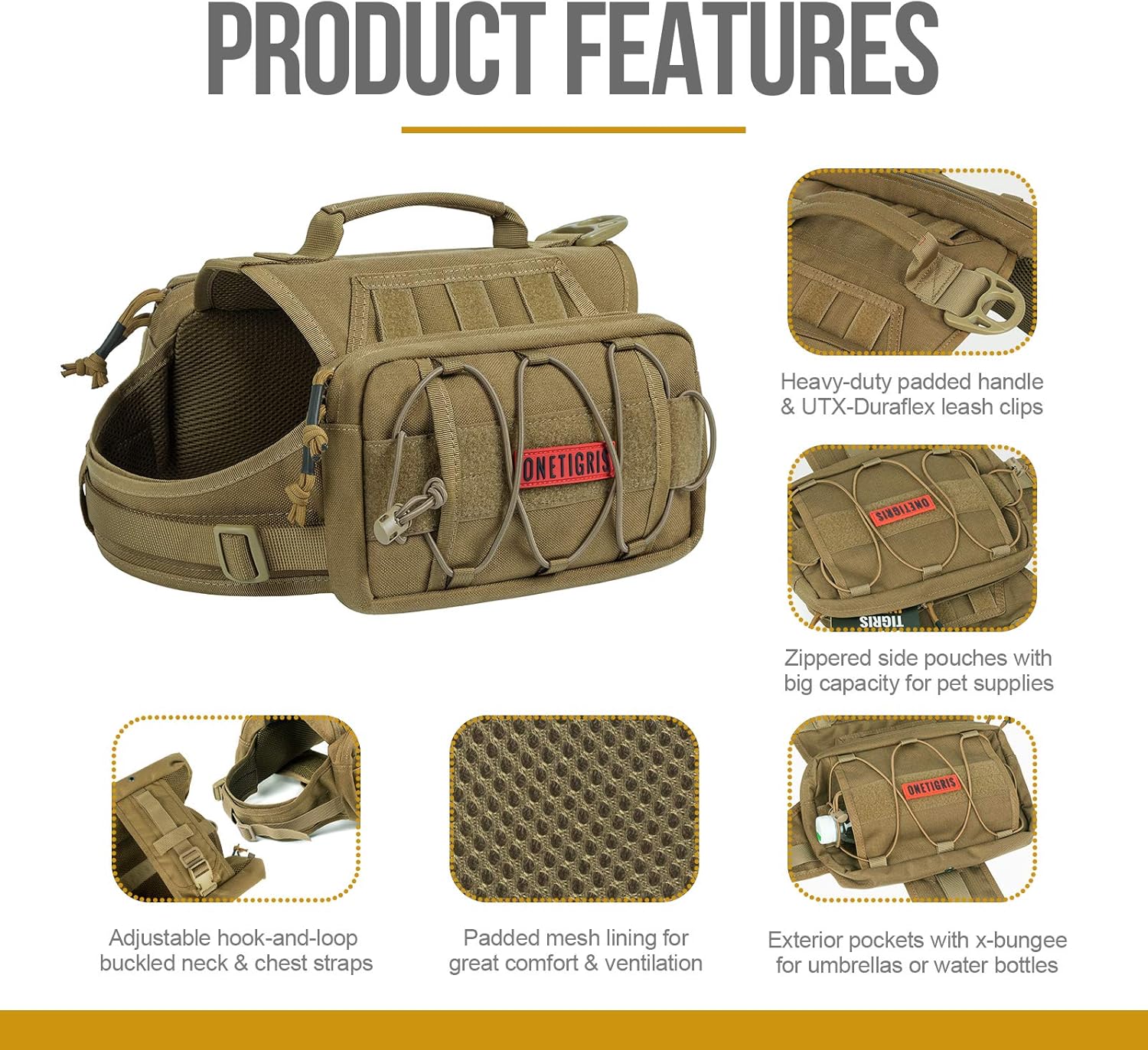 OneTigris Dog Backpack for Medium & Large Dogs, Nylon Backpack for Dogs Tactical Pet Backpack with Side Pockets for Hiking Walking Training Running (Brown, Medium)
