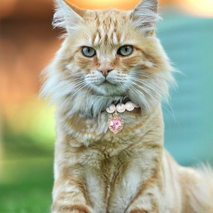 2pcs Cat Pearl Collar with Heart Pendant, Cute Pearl Pet Necklace in Small - Image 6