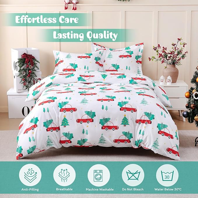 JSD Red Cars Kids Christmas Duvet Cover Set Twin Size, 2 Piece Xmas Comforter Cover with Pillow Sham Zipper Closure, Comforter Not Included