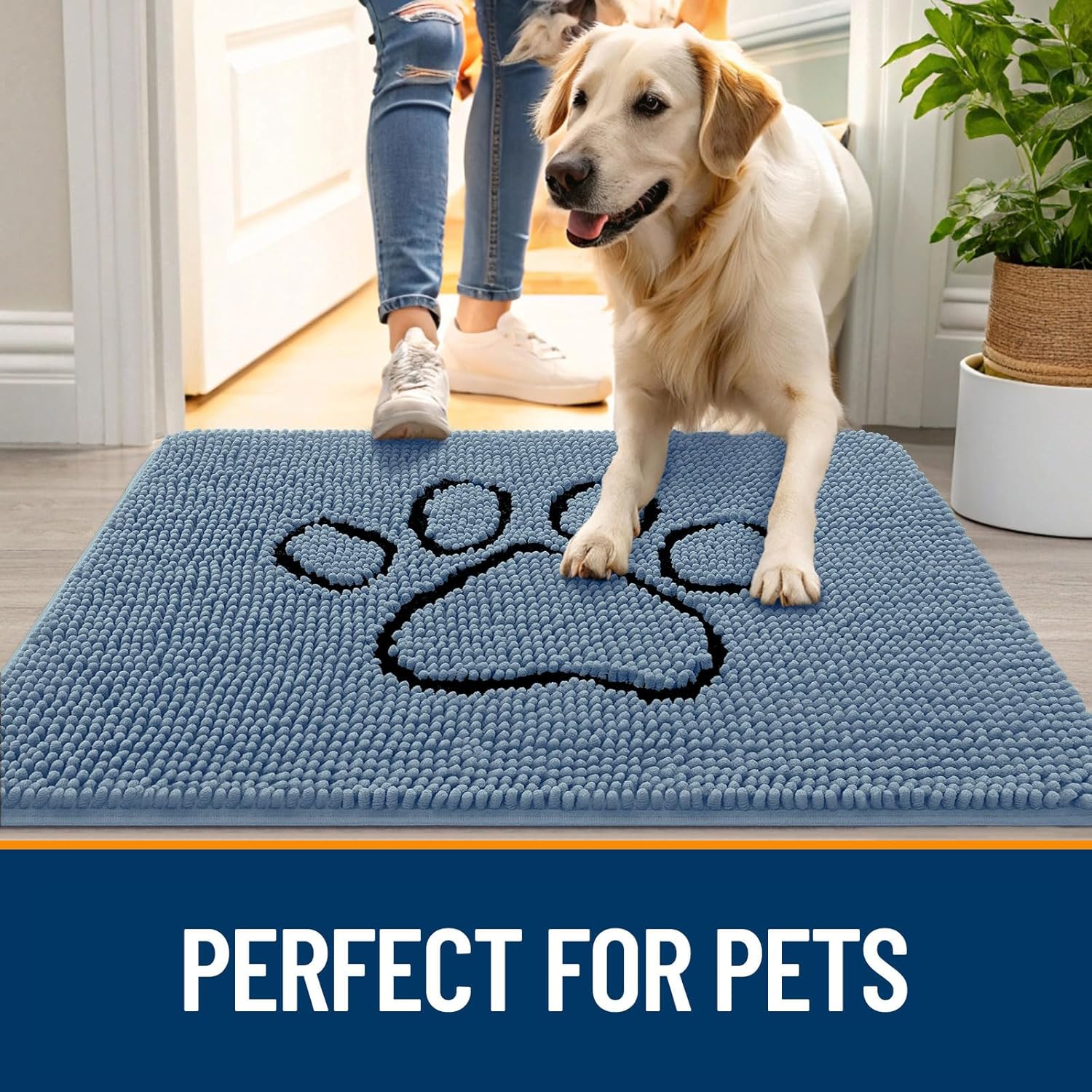 OLANLY Door Mat for Muddy Dog Paws 36x24, Absorbent Chenille Doormat with Paw Print Design, Non-Slip Washable Doormat for Indoor Entryway, Quick-Dry Pet Bed Mats for Dirty Dogs, Airy Blue and Black