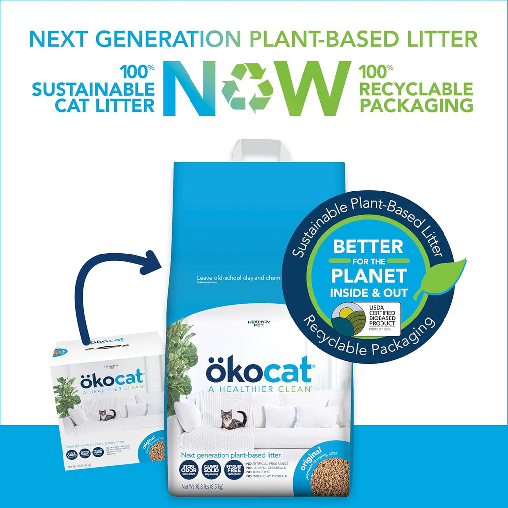 ökocat Original Wood Clumping Cat Litter, Unscented, 18.8 pounds - Natural Ingredients, Stops Odor, Clumps Solid, 99% Dust Free, Great for All Cats