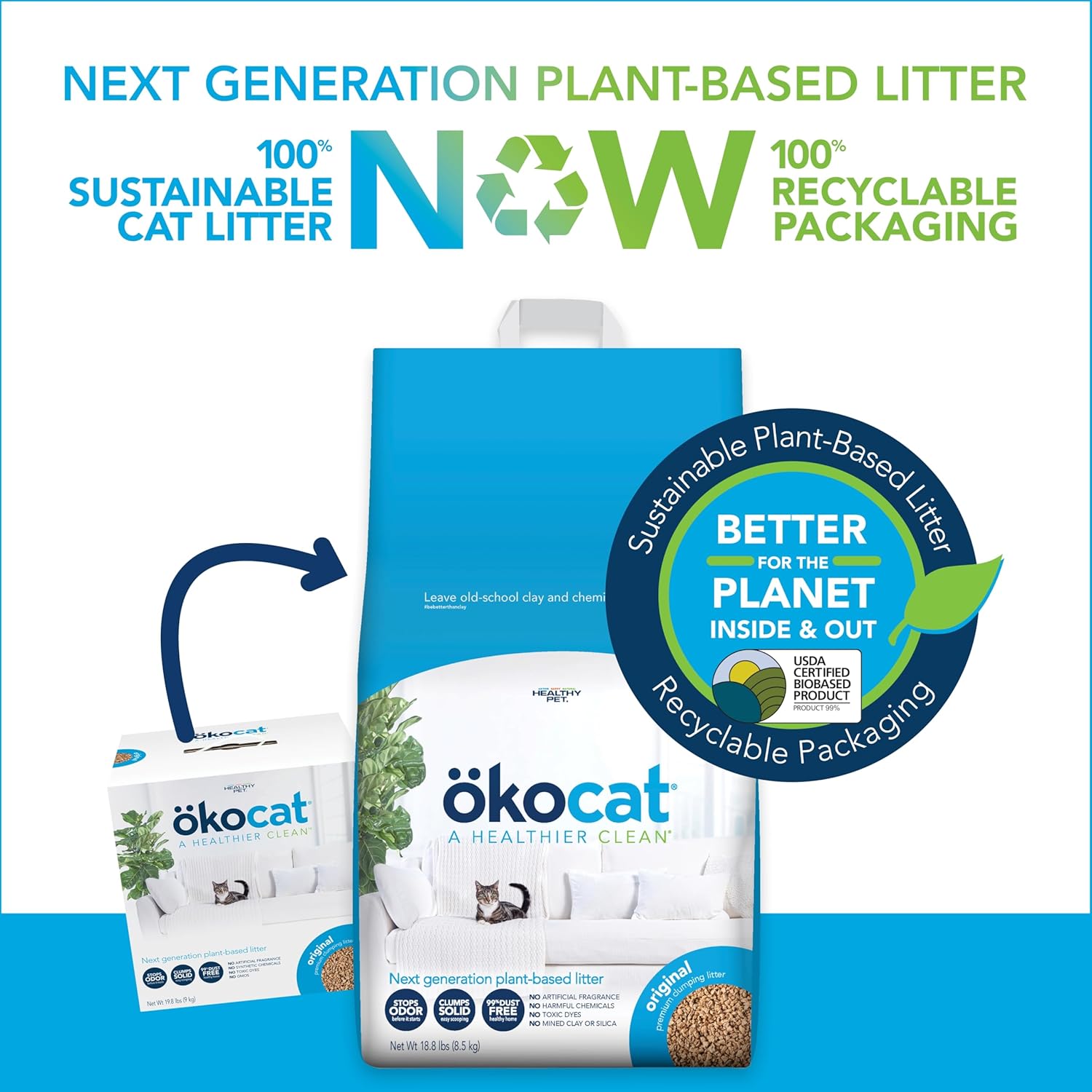 ökocat Original Wood Clumping Cat Litter, Unscented, 18.8 pounds - Natural Ingredients, Stops Odor, Clumps Solid, 99% Dust Free, Great for All Cats