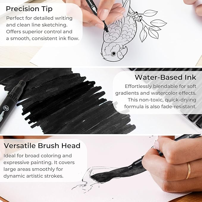 Black Duo Tip Marker Pens, 12 Pack Fine & Brush Markers for Adult Coloring Books No Bleeding, Jet Black Markers for Outlining, Sketching, Japanese Manga, Calligraphy and Graphic Novels