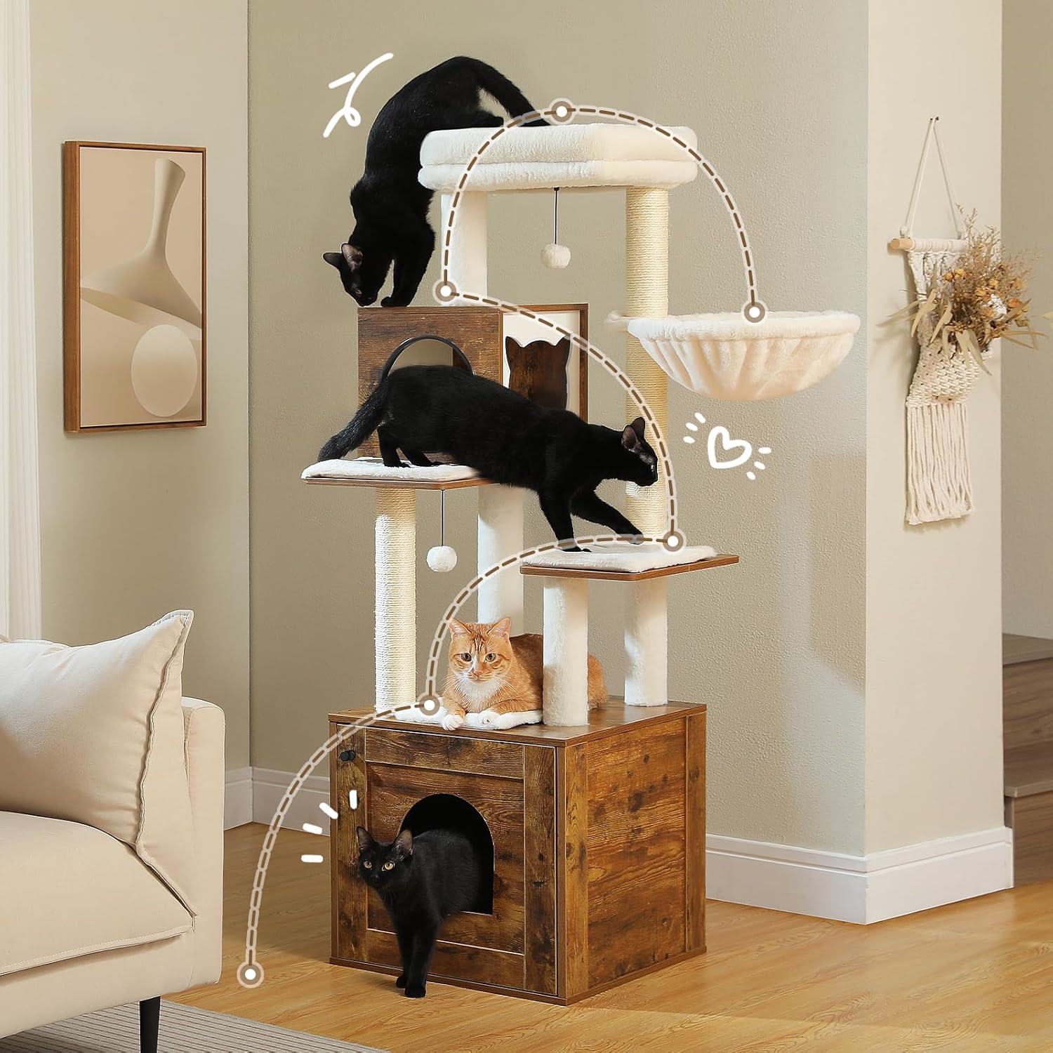PEQULTI 57.5" Cat Tree with Litter Box Enclosure Large, Wood Cat Tower for Indoor Cats with Storage Cabinet and Cozy Cat Condo, Sisal Covered Scratching Post and Repalcable Dangling Balls, Brown
