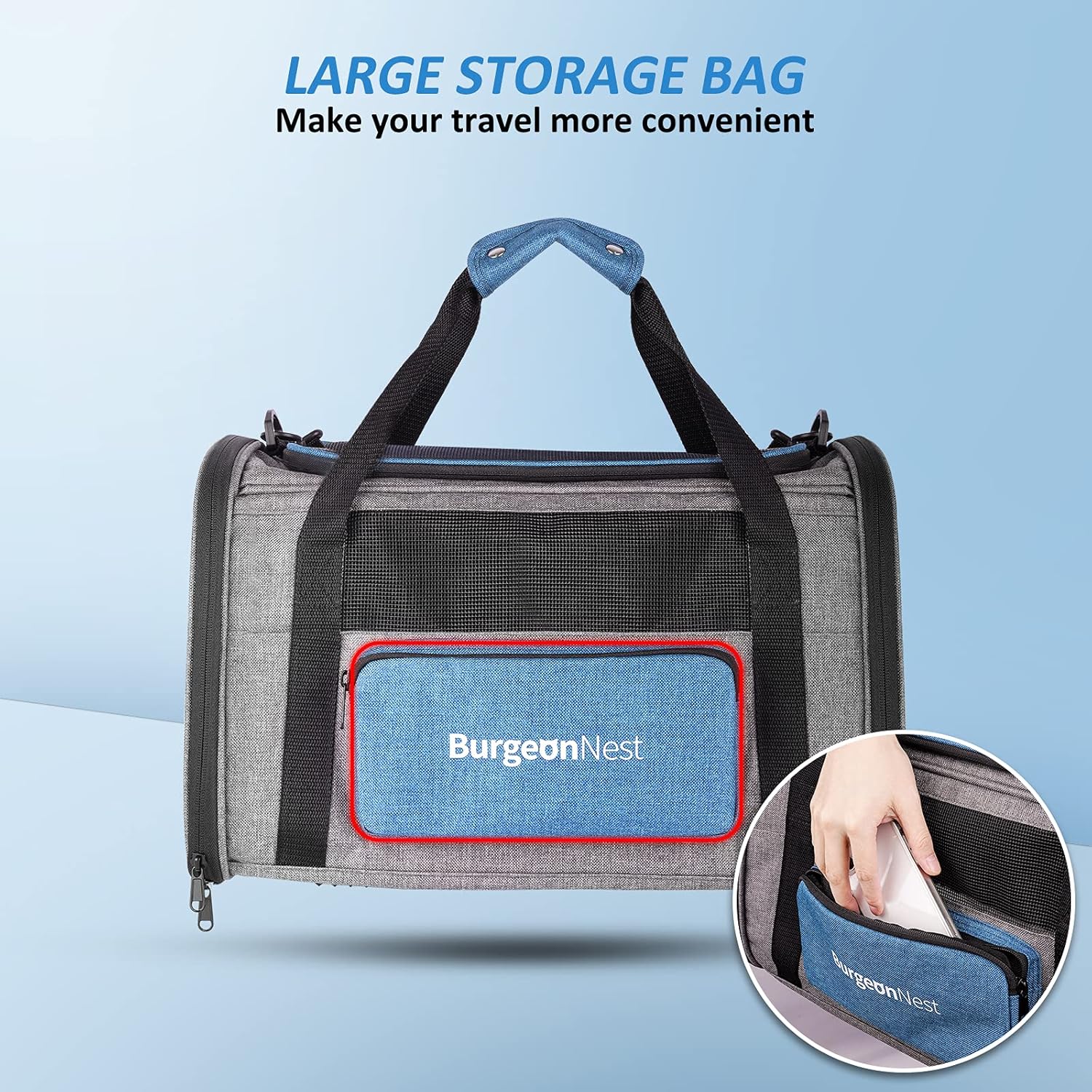 BurgeonNest Cat Carriers for Small Cats Under 15, Medium Puppy Under 25 lbs Large Pet 20 lbs Soft Sided Pet Carrier with Unique Side Bag (Medium, Grey)