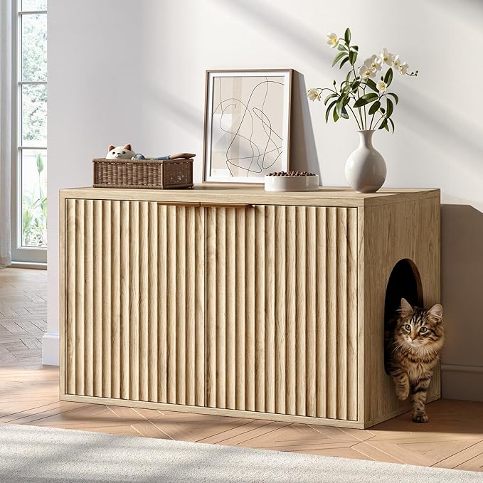Evermagin 31.5" Oak Cat Litter Box Enclosure Furniture, Large Hidden Litter Box by Evermagin