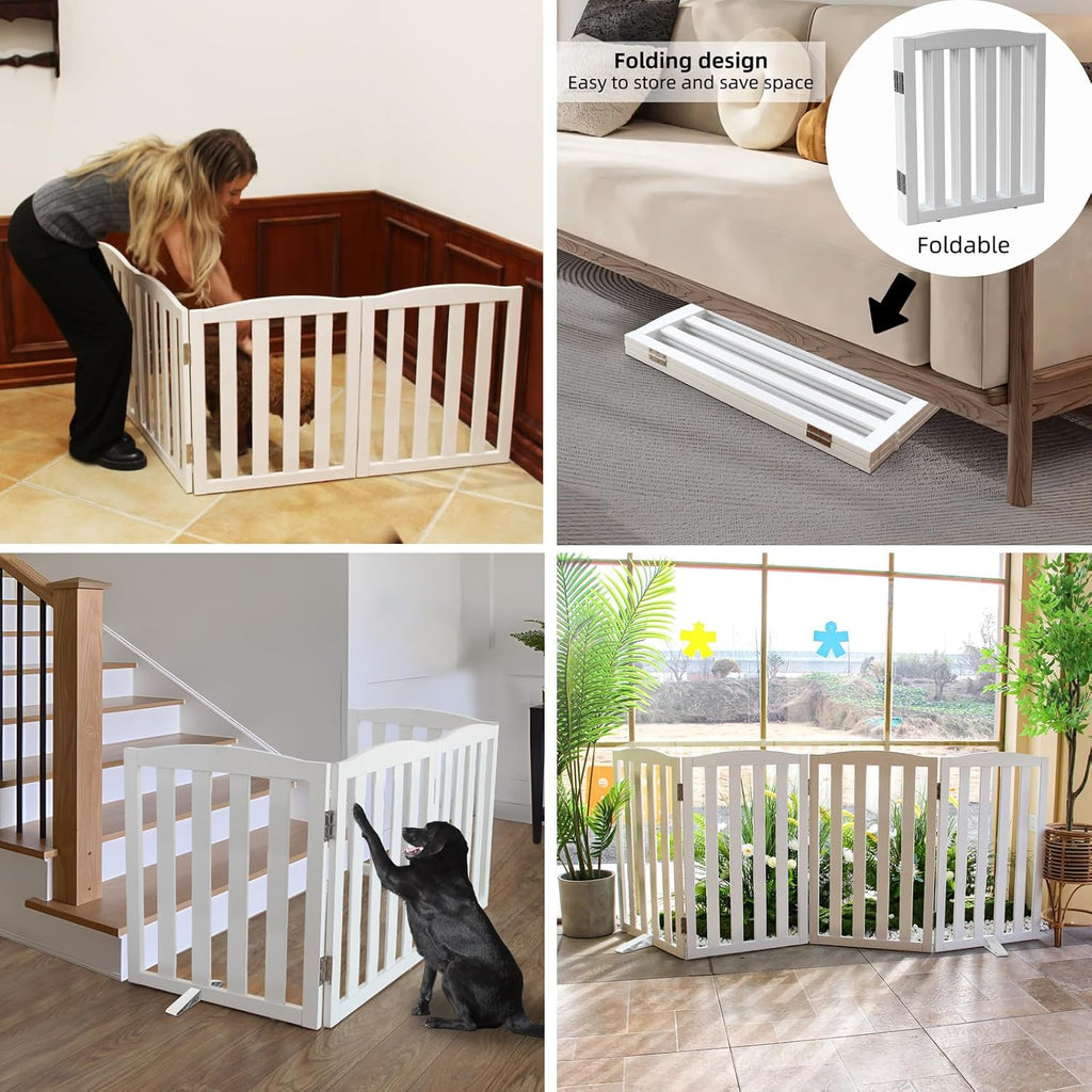 ZJSF Foldable Freestanding Indoor Dog Gate for House Wood White Long Pet Gates Dog Fence for Stairs Puppy Gates for Hallways,Pet Fence, Puppy Gate,Support Feet Included 24 "Height-6 Panels
