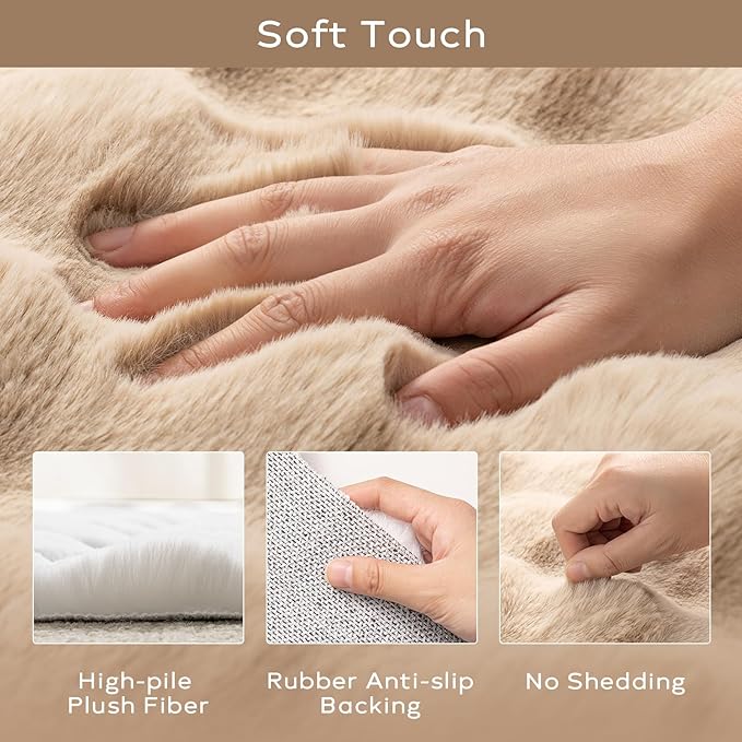 Ashler Faux Rabbit Fur Rug, Beige 2x6 FT Fluffy Soft Runner, Rectangle Fuzzy Carpet for Living Room, Bedroom, Machine Washable Shaggy Nursery Rug