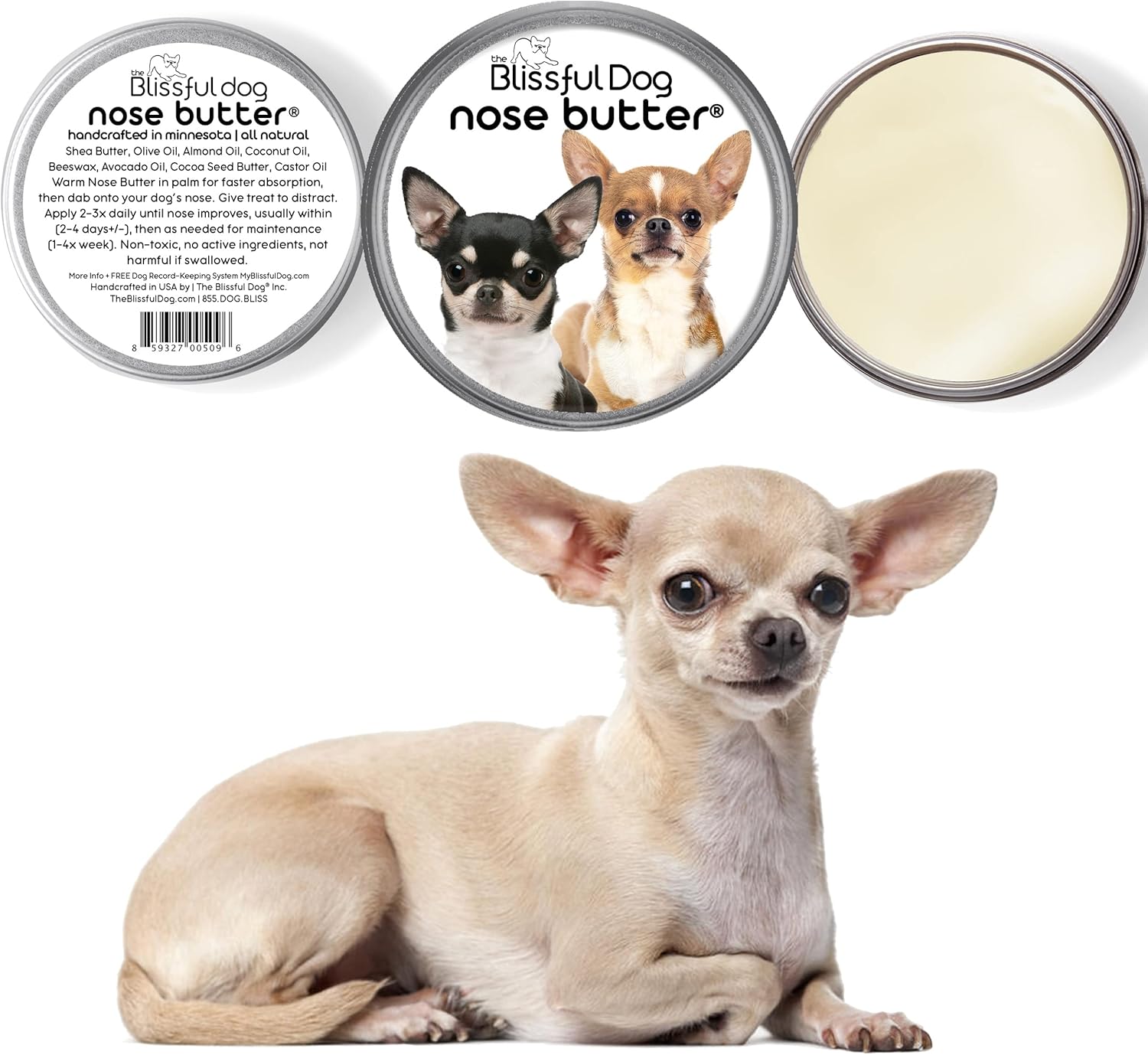The Blissful Dog Smooth Coat Chihuahua Nose Butter for Dry, Cracked Skin, Lick-Safe Dog Nose Balm with Moisturizing Shea Butter, Almond, Olive, and Essential Oils, Pet Supplies, Uncented, 1 oz.