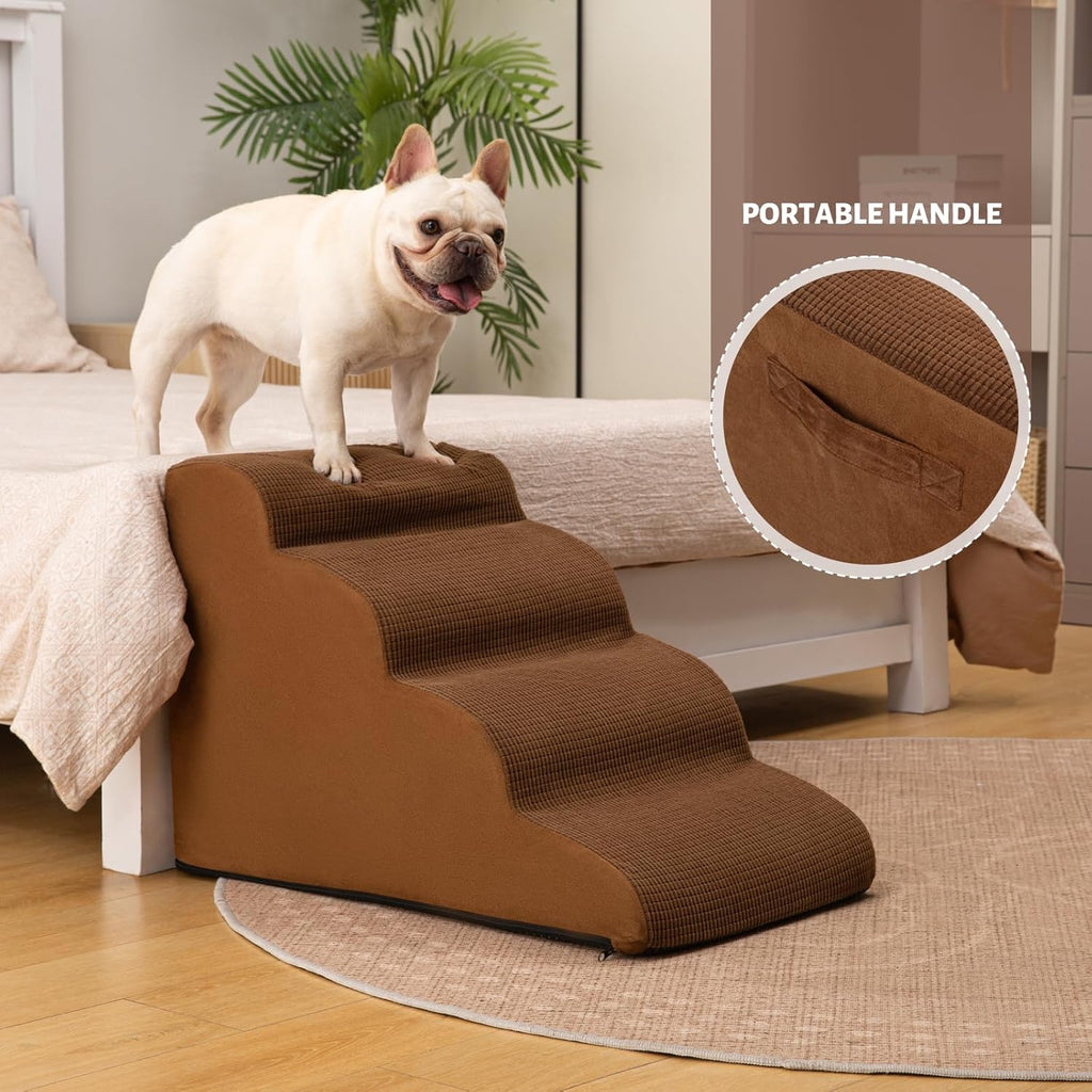 4-Step Dog Stairs and Ramp for Beds or Couches – Non-Slip Sturdy Pet Steps for Small Dogs and Cats,17.4" H,Brown