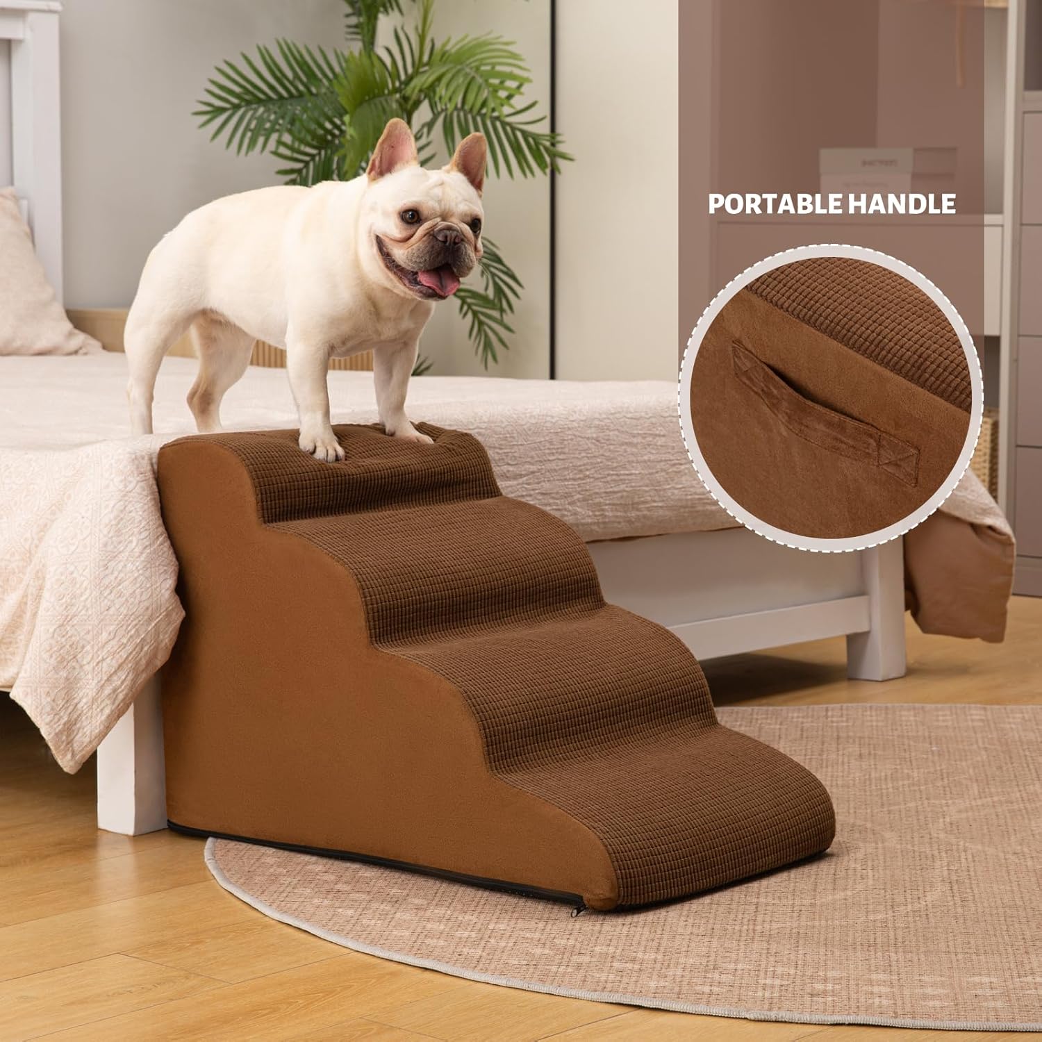 4-Step Dog Stairs and Ramp for Beds or Couches – Non-Slip Sturdy Pet Steps for Small Dogs and Cats,17.4" H,Brown