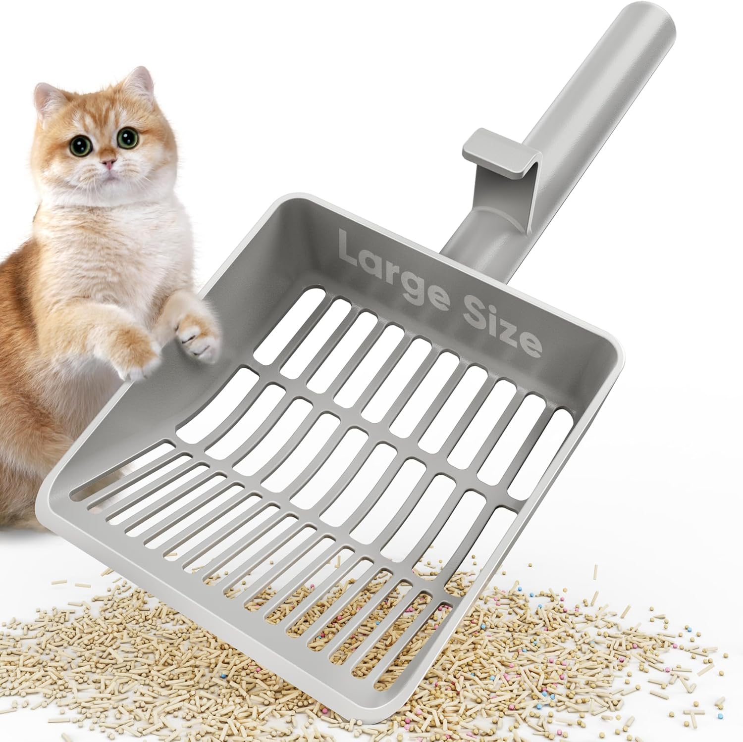 Large Cat Litter Scoop, Heavy-Duty Litter Scoop with Dual Sifting Holes for Fast & Fine Clumping, Kitty Litter Scooper with Long Handle & Easy-to-Hang Hook for Litter Box