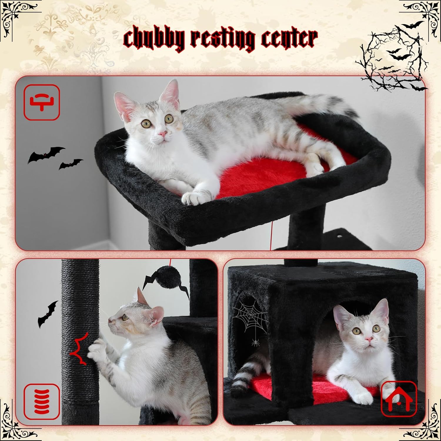PETEPELA 56.3" Gothic Cat Tree for Indoor Cats, Tall Cat Tower with Super Large Hammock (20"X16"), Sisal Covered Scratching Posts, Cozy Condo and Top Perch Black