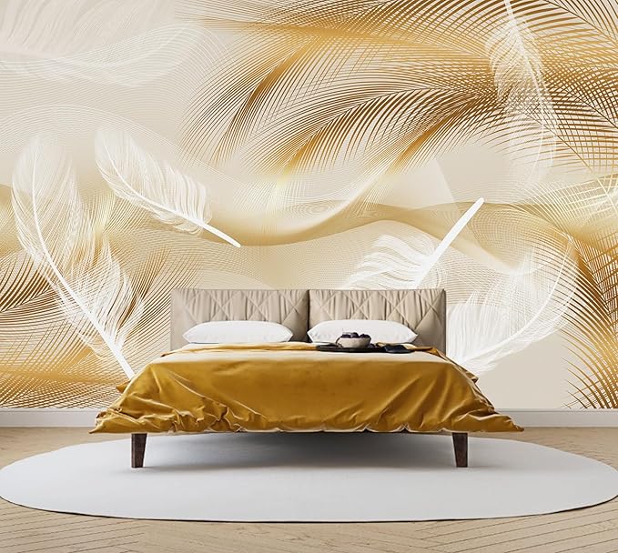 Gold and White Feather Wallpaper for Living Room Bedroom（Not Peel and Stick）