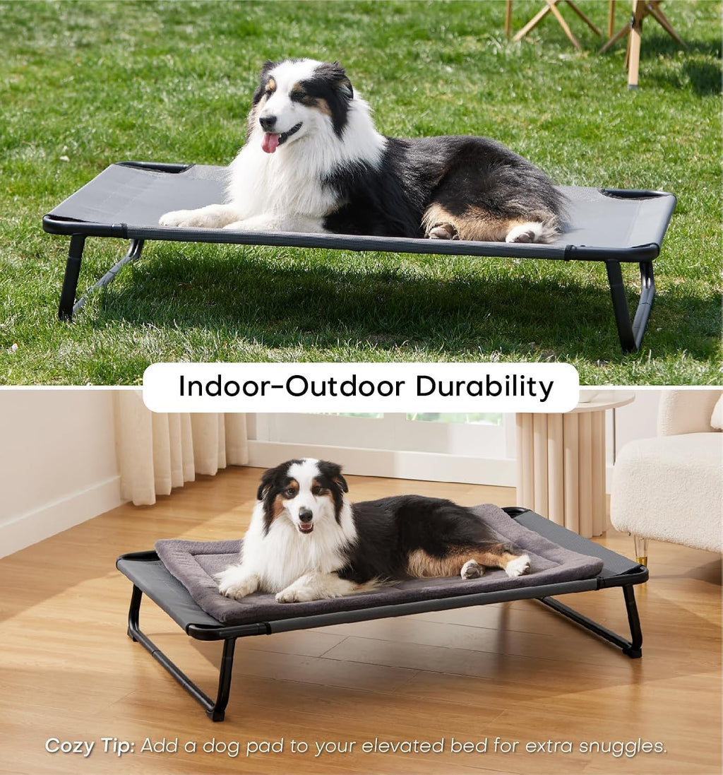 Made4Pets Elevated Outdoor Dog Bed for Extral Large Dogs – Heavy-Duty Raised Cot with Breathable Cooling Mesh, No-Slip Feet, Chew-Resistant Frame, Indoor & Outdoor Pet Hammock, 49"x32", Gray