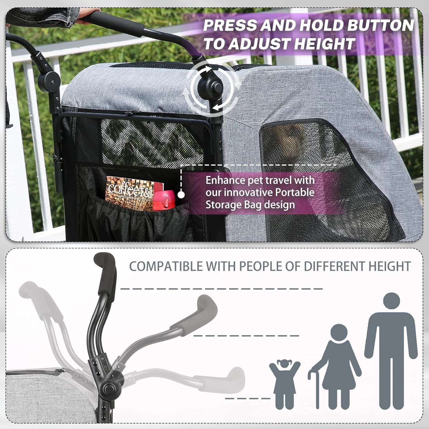 EchoSmile XL Extra Large Dog Stroller - Adjustable Handles,Lightweight Folding Pet Stroller,All-Terrain 4 Wheel for 2 Medium Dogs,Dual Entry Safety Dog Stroller,Capacity 160 lbs,Gray