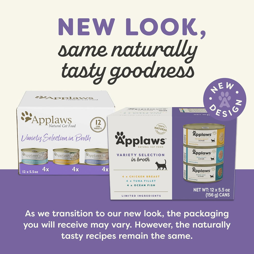 Applaws Natural Wet Cat Food, Limited Ingredient, Grain-Free, Protein with No Artificial Additives, Variety Pack in Broth (12 x 5.5oz Cans)
