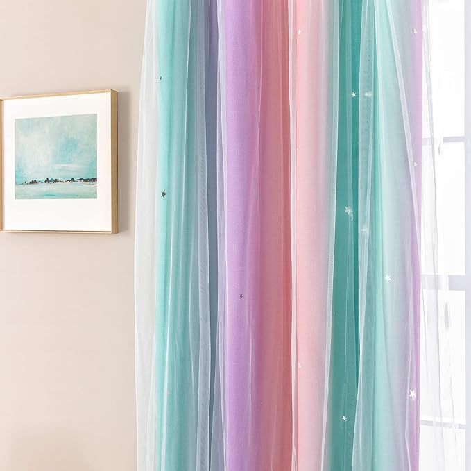 XiDi Curtains for Girls Bedroom Kids Room 2 Panels Colorful Rainbow Star Blackout Curtains Unicorn Wall Decor Cute Mermaid Princess 34 Inches Wide 79 Inches Long Grommet Drapes Pink Purple Green
