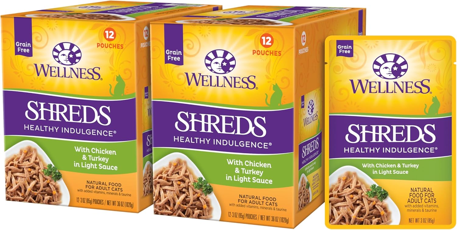 Wellness Healthly Indulgence Shreds Adult Wet Cat Food, Natural, Protein-Rich, Grain Free, 3 Ounce Pouch, 24 Pack, (Chicken & Turkey)