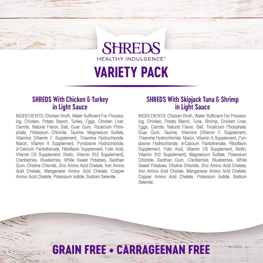 Wellness Healthy Indulgence Shreds Adult Wet Cat Food, Natural, Protein-Rich, Grain Free, 3 Ounce Pouch, 8 Pack, (Shreds Variety Pack)