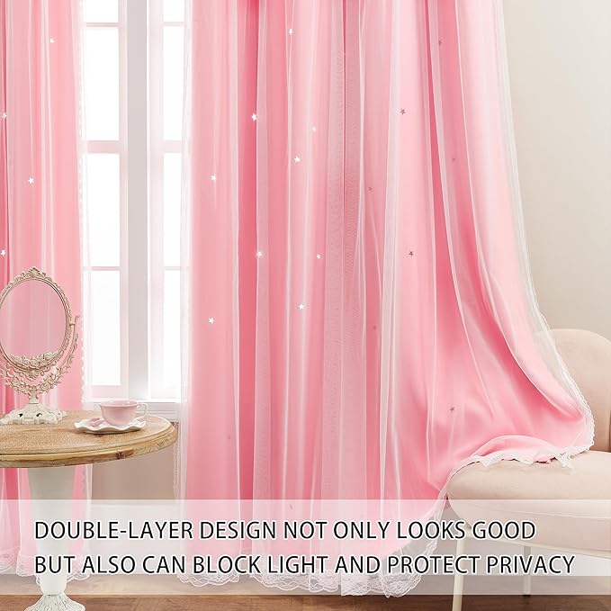XiDi Pink Curtains with Sheer Overlay for Girls Bedroom 2 Panels Blackout Double Layer Curtains 45 Inches Length for Kids Princess Nursery Room Star Cut Out Grommet Small Window Drapes W52 X L45
