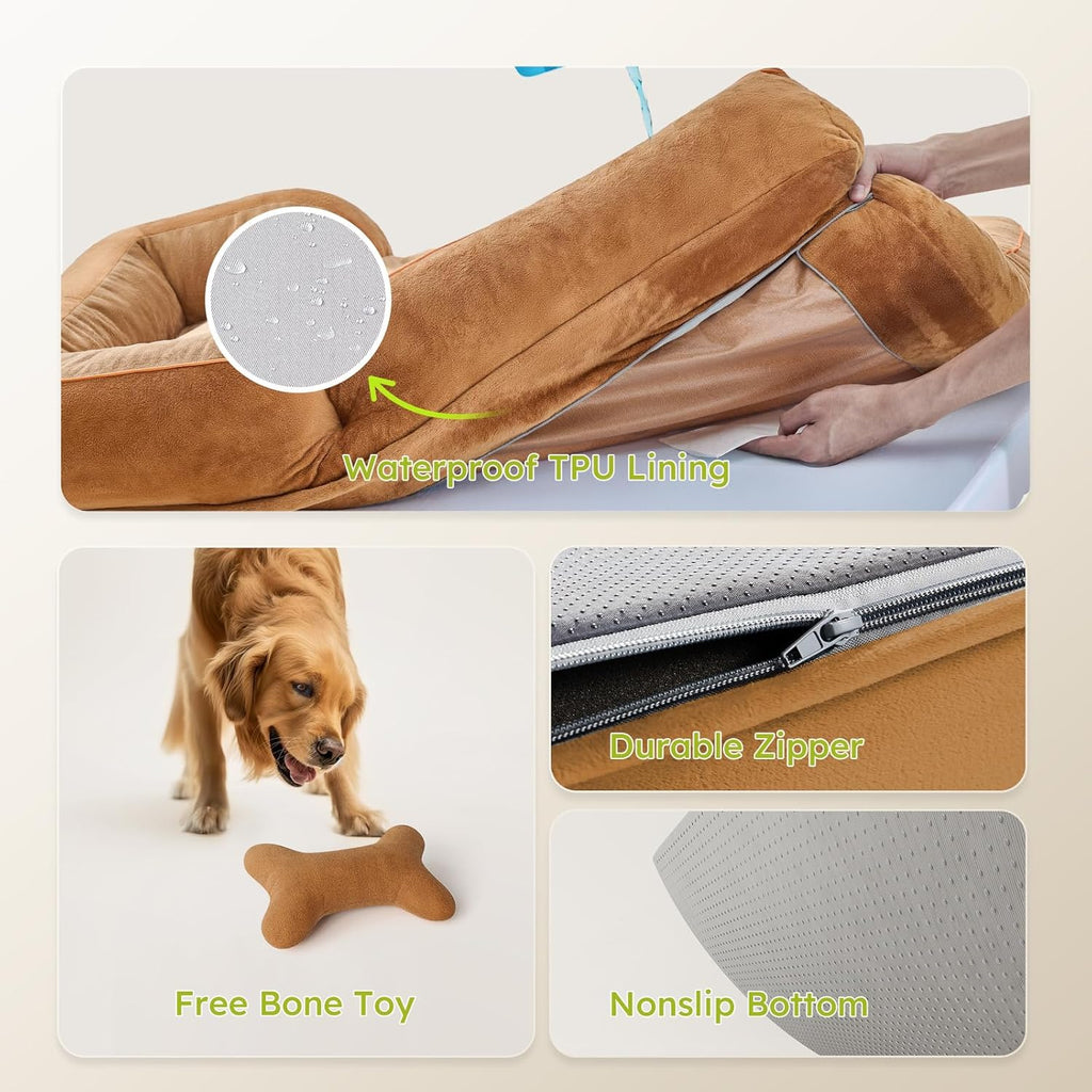 Extra Large Dog Bed, Orthopedic Dog Beds with Cooling Gel Memory Foam, Waterproof XL Pet Bed with Removable Washable Cover, 42" Pet Sofa Couch Dutch Velvet with Bone Toy, Brown
