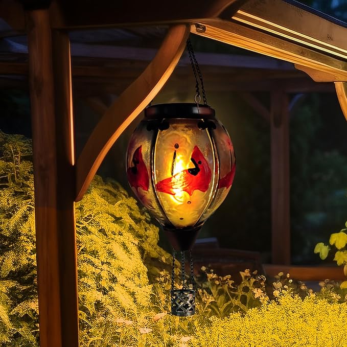 Glass Solar Hot Air Balloon Lantern with Flame Hanging Garden Flickering Light Outdoor Waterproof for Yard Patio Tree Mother's Day Gift, Cardinal